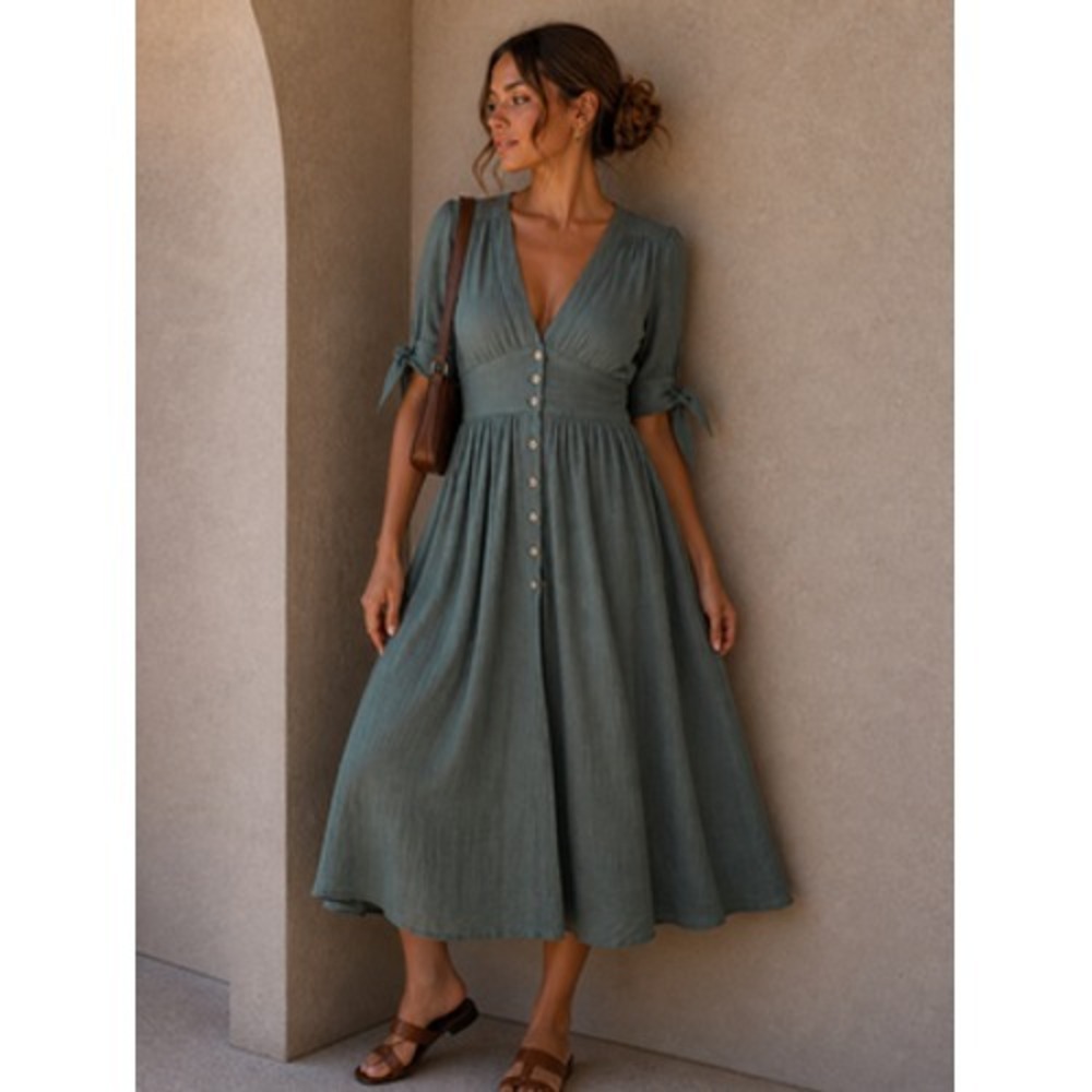Free People Love of My Life Midi Dress Womens XS Button Up Puff Sleeve Boho
